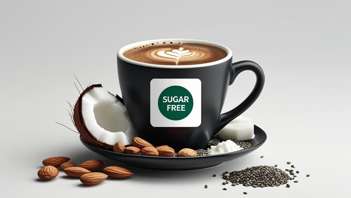 black coffee with sugar free label icon, coconut cream, and low carb ingredients