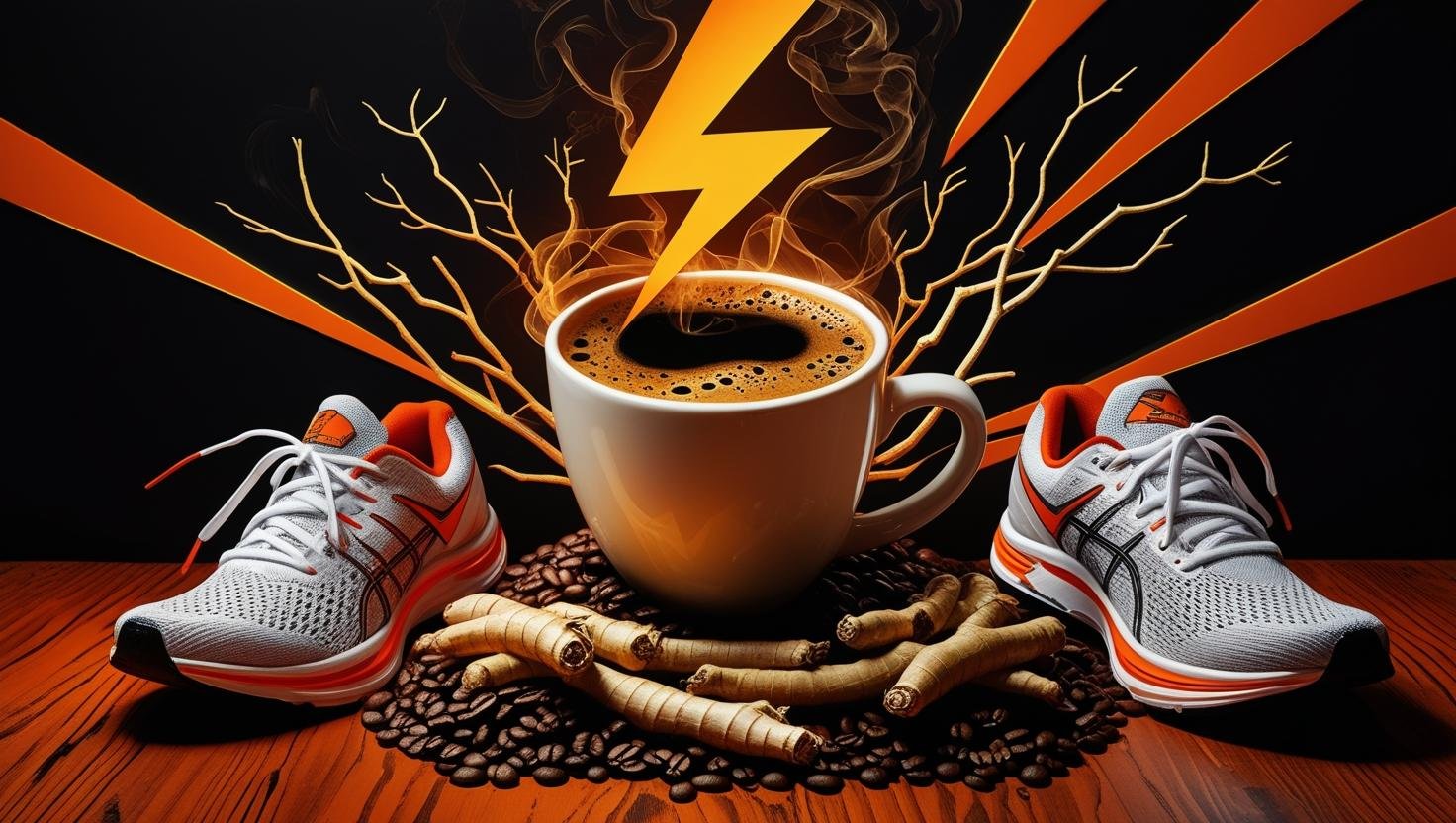 cup of coffee surrounded by lightning bolt icon, ginseng roots, and running shoes or dumbbells on a bold background.