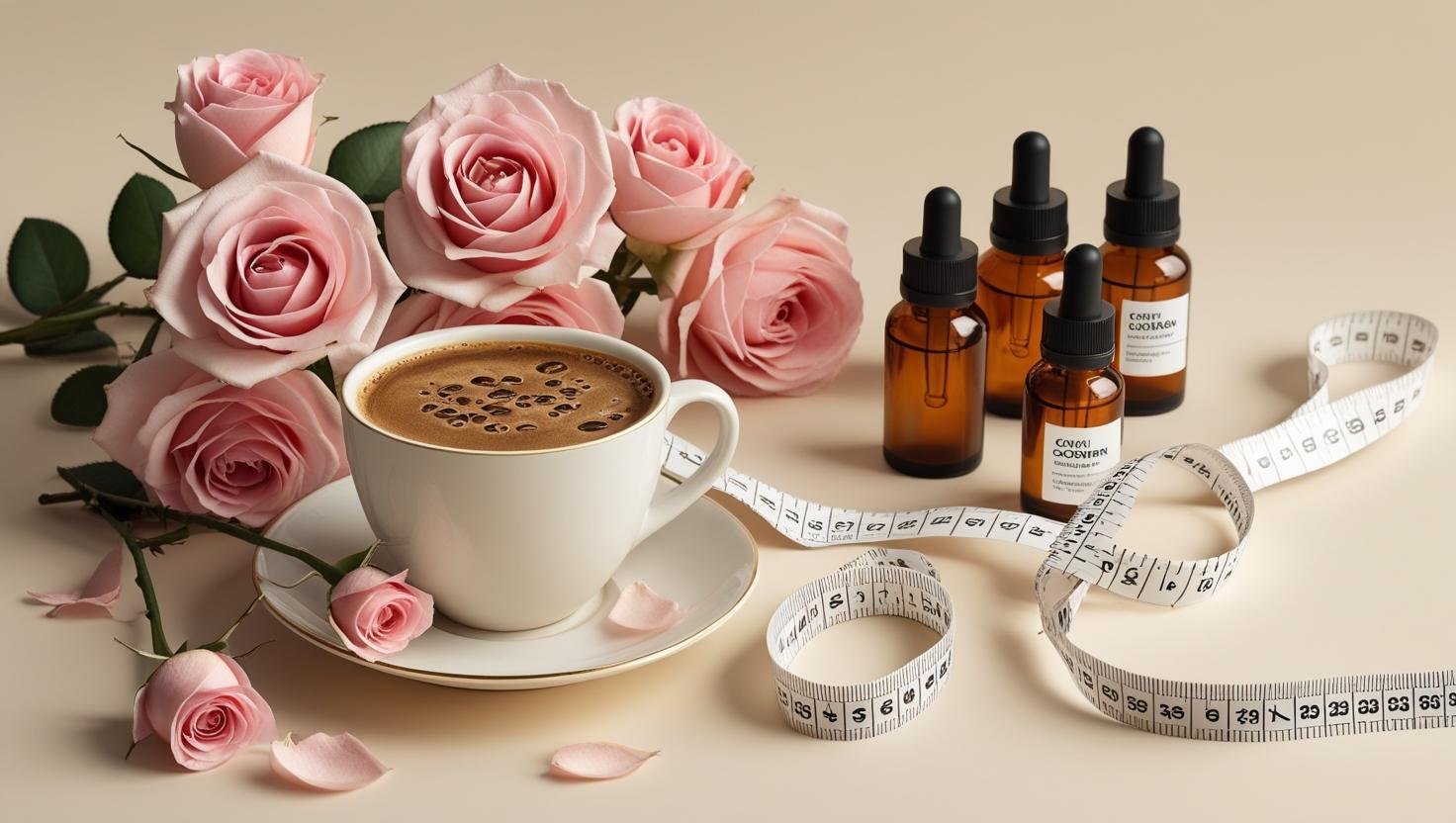flat lay of a collagen infused instant coffee cup beside pink flowers,