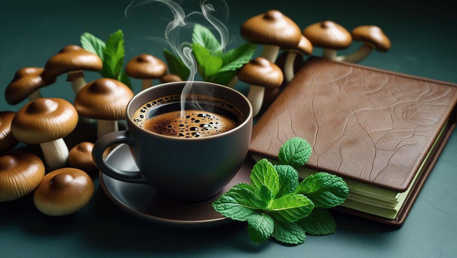 steaming cup of coffee placed next to ganoderma mushrooms, mint leaves, and a detox journal.