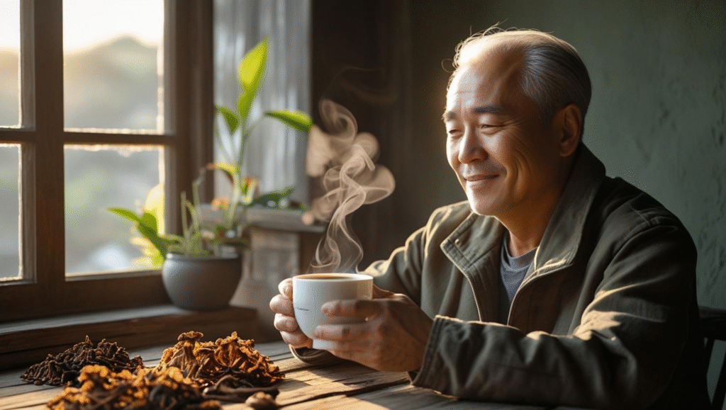 A man holding a warm cup of coffee, sitting near a window with soft natural lighting, peaceful morning setting, earthy colors, relaxed expression, with a wooden table and Ganoderma mushrooms or herbal ingredients visi
